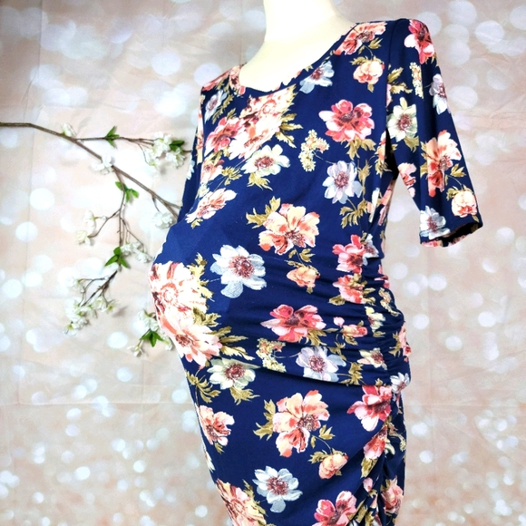 MOTHER BEE FLORAL 3/4 SLEEVES RUCHED STRETCHY COMFORTABLE MATERNITY DRESS XL - Picture 10 of 13